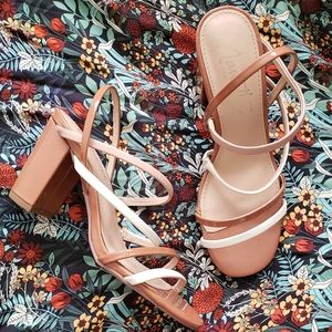 Nanette Lepore Strappy Nude Block Heel Sandals in Tan and White